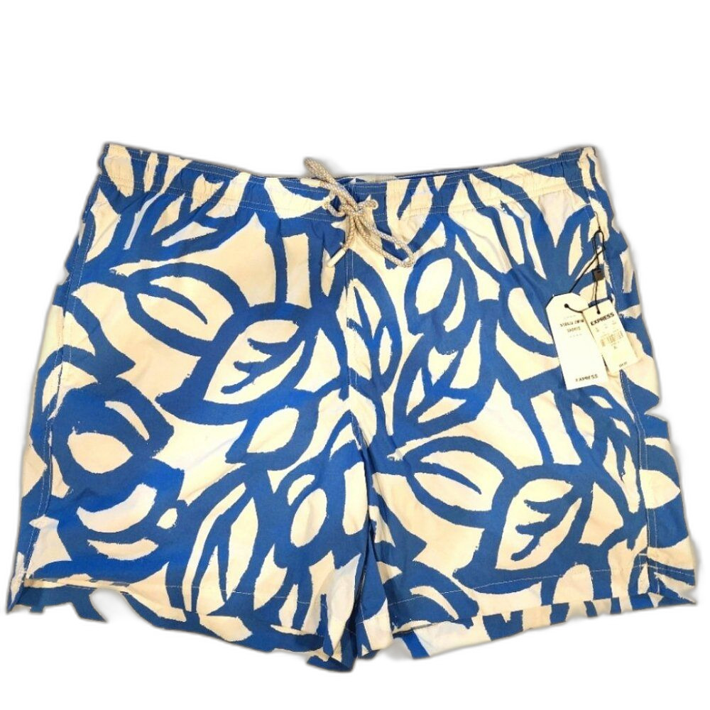 Express Hybrid Swim Shorts XL Blue White Abstract Leaf Pattern